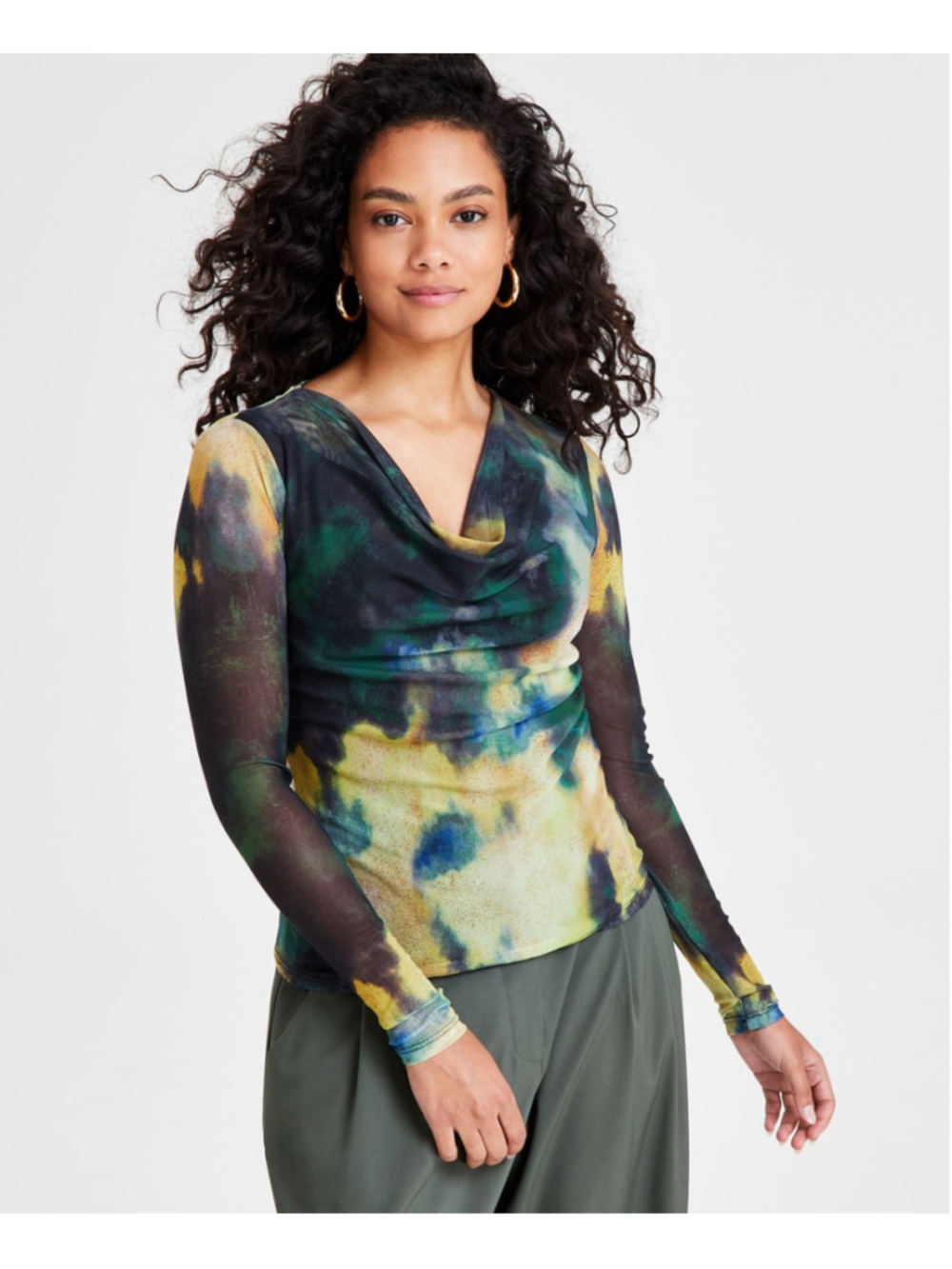 Bar III Medium Petite Green Abstract Printed Long-Sleeve Cowlneck Mesh Top NWT